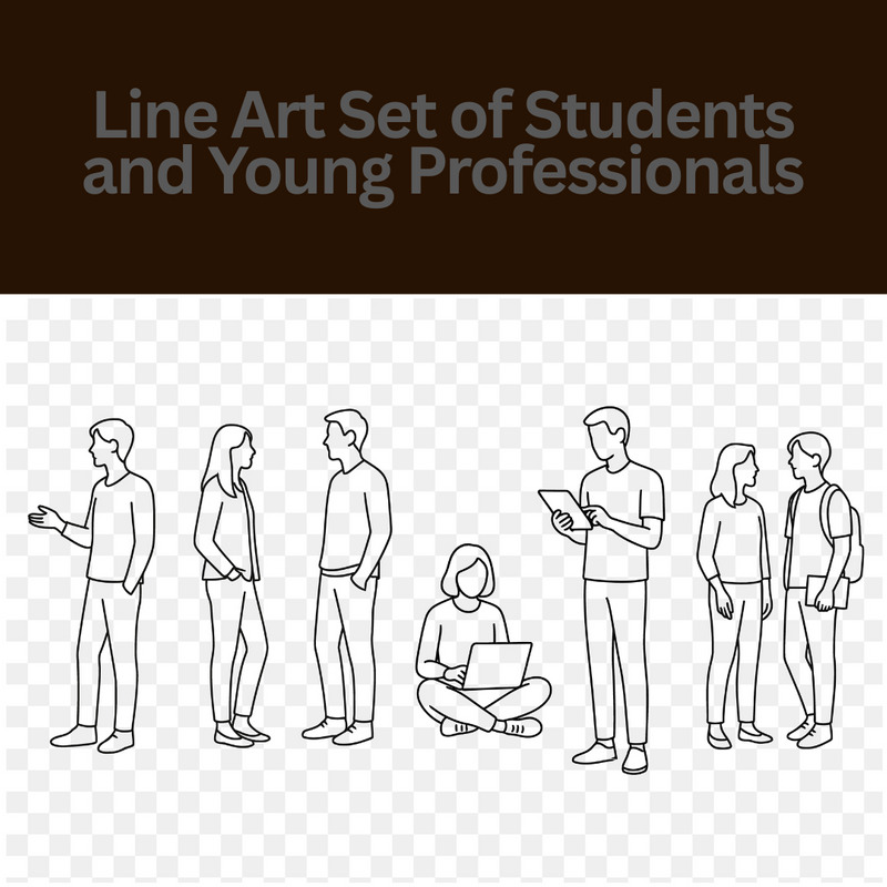 Minimalist Line Art Set of Students and Young Professionals Talking, Studying, and Using Technology - Features Image 1