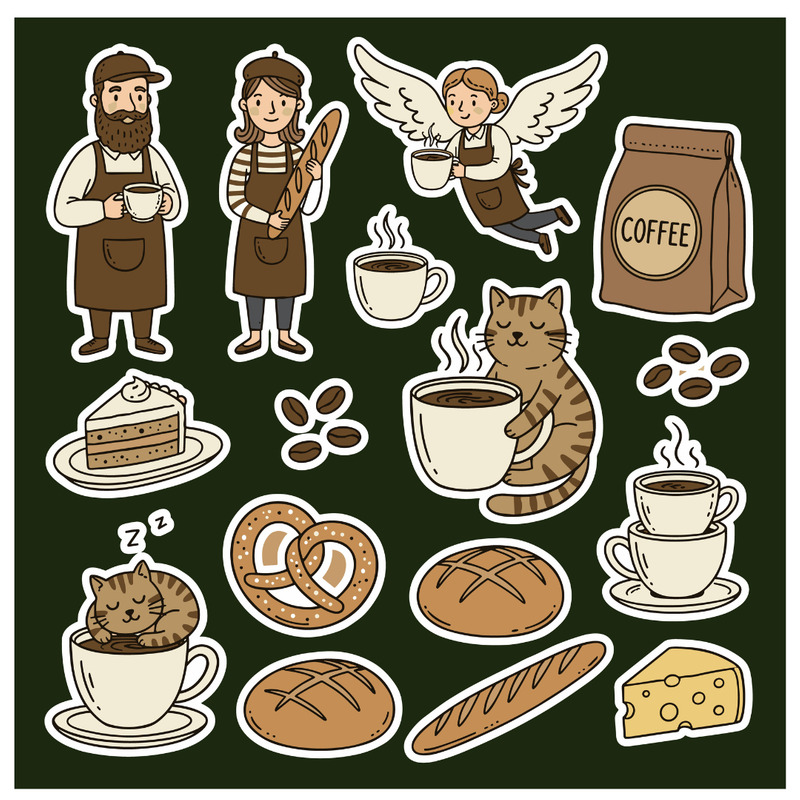 Speelse, handgetekende stickers van bakkerijen en koffiehuizen in een gezellige stijl. - Features Image 1