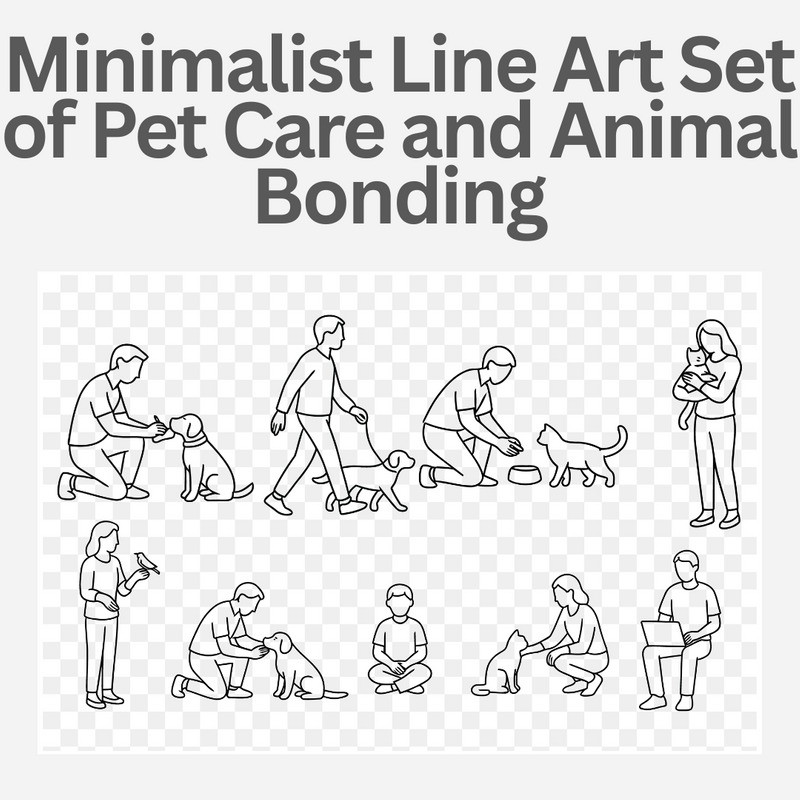 Minimalist Line Art Set of Pet Care and Animal Bonding – Dogs, Cats, and Owners - Features Image 1
