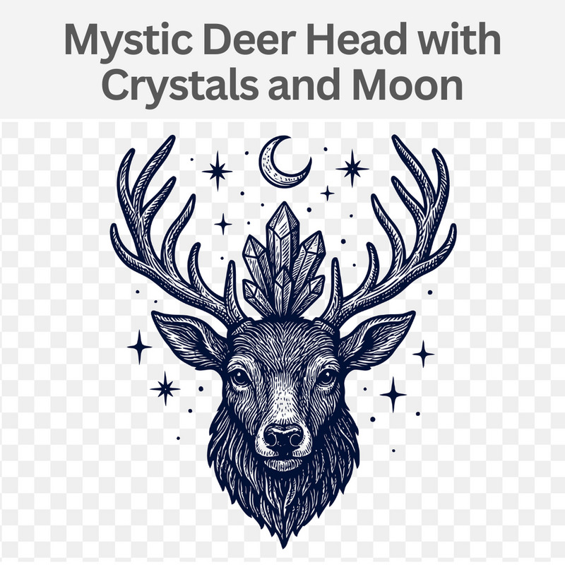 Mystic Deer Head with Crystals and Moon – Vintage Engraved Celestial Animal Art - Features Image 1