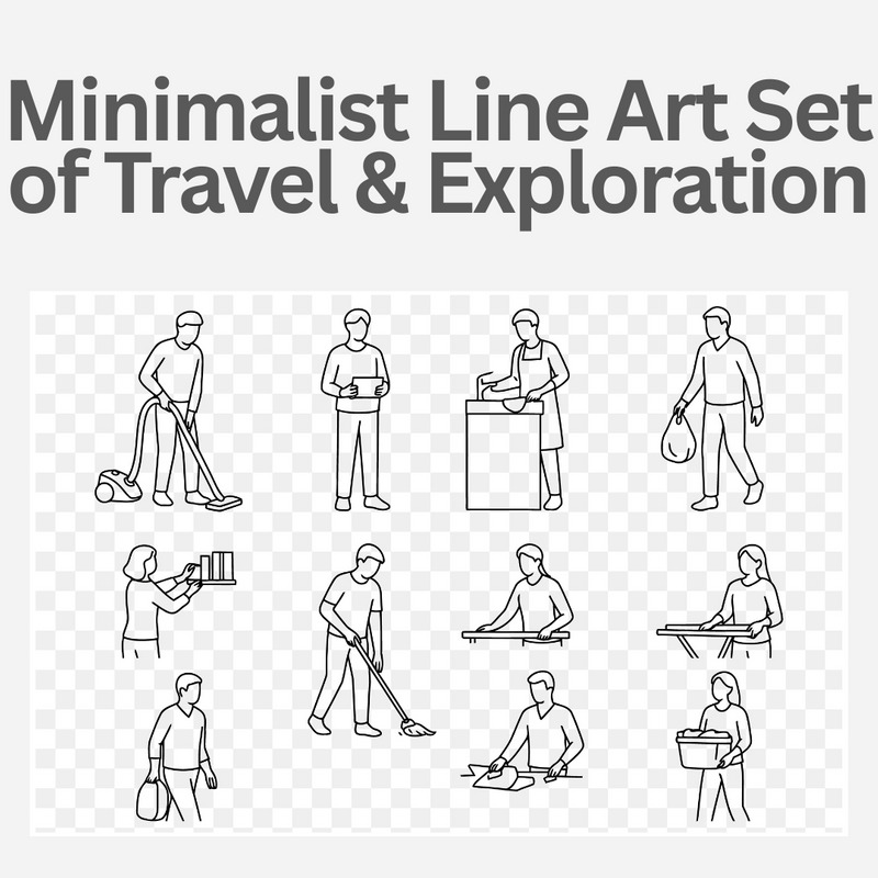 Minimalist Line Art of Household Chores – Cleaning, Organizing, and Daily Tasks Vector Set - Features Image 1