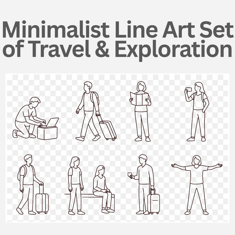 Minimalist Line Art Set of Travel and Exploration Tourists, Luggage, and City Adventures - Features Image 1