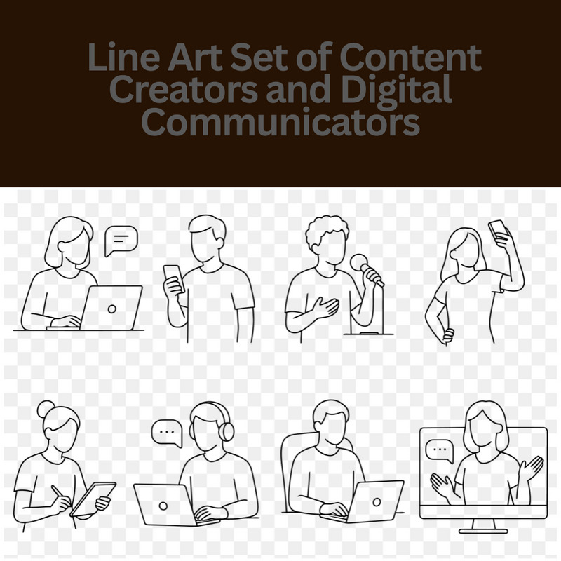 Line Art Set of Content Creators and Communicators Social Media, Work From Home, and Online Presence - Features Image 1