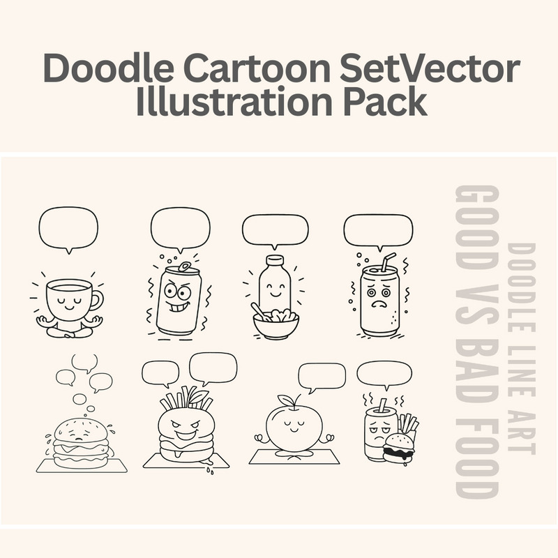 Doodle Cartoon Set – 8 Editable Line Art Characters with Speech Bubbles - Features Image 1