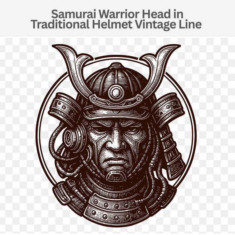 Engraved Samurai Warrior Head in Traditional Helmet Vintage Line Art Illustration - Features Image 1
