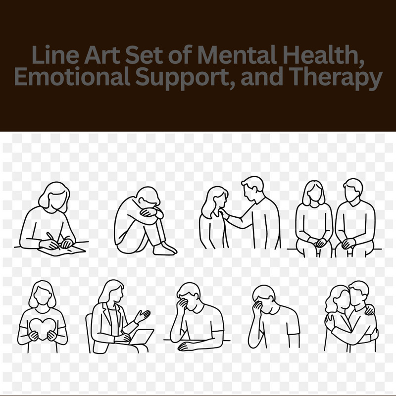 Conjunto de arte minimalista de linha para saúde mental, apoio emocional e terapia - Features Image 1