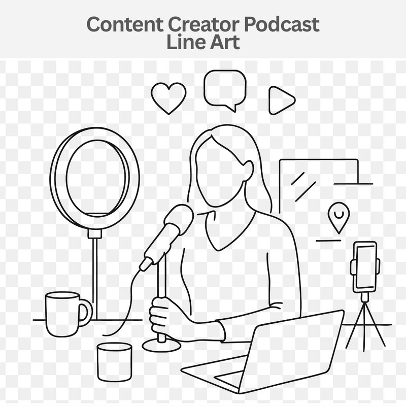 Content Creator Podcast Line Art – Woman Streaming with Microphone, Ring Light & Laptop - Features Image 1