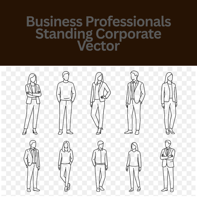 Minimalist Line Art Set of Business Professionals Standing Corporate Poses Vector Collection - Features Image 1