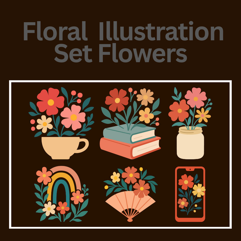 Blumenobjekt-Illustrationsset mit Blumen in Tasse, Büchern, Glas, Regenbogen, Fächer und Telefon - Eigenschaften Bild 1