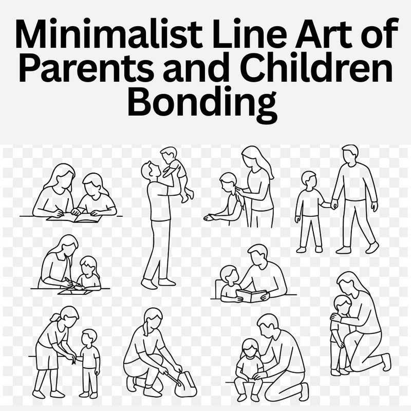 Minimalist Line Art of Parents and Children Bonding – Family Activities Illustration Set - Features Image 1