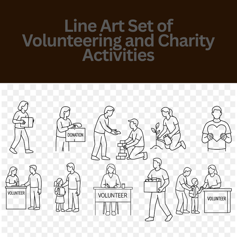 Minimalist Line Art Set of Volunteering and Charity Activities Donation, Kindness - Features Image 1