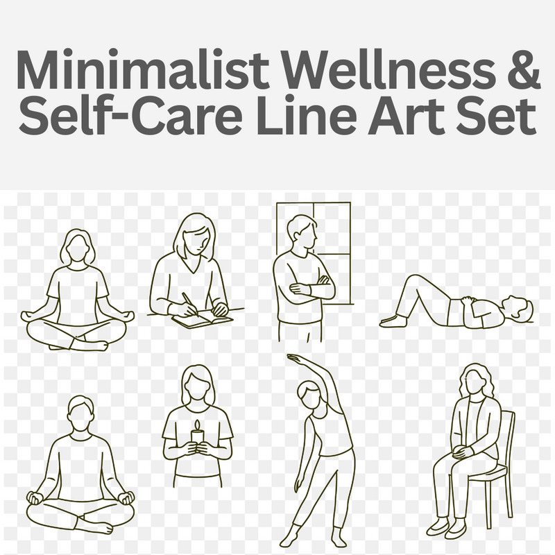 Minimalist Wellness & Self-Care Line Art Set Meditation, Journaling, and Mindful Activities - Features Image 1