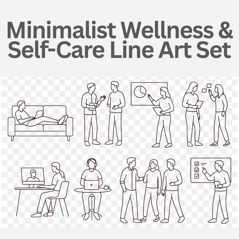 Minimalist Line Art Set of Remote Work and Team Collaboration Business & Productivity Scenes - Features Image 1