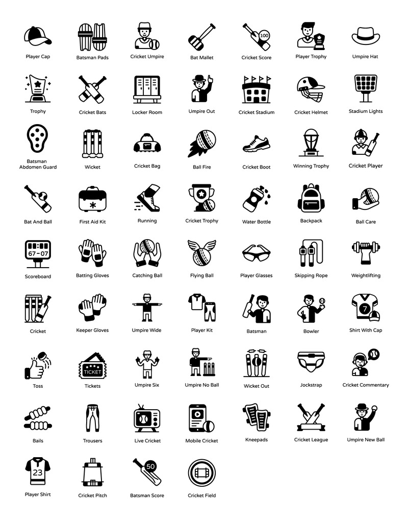 60 Cricket Utrustning Glyph ikoner - Features Image 1