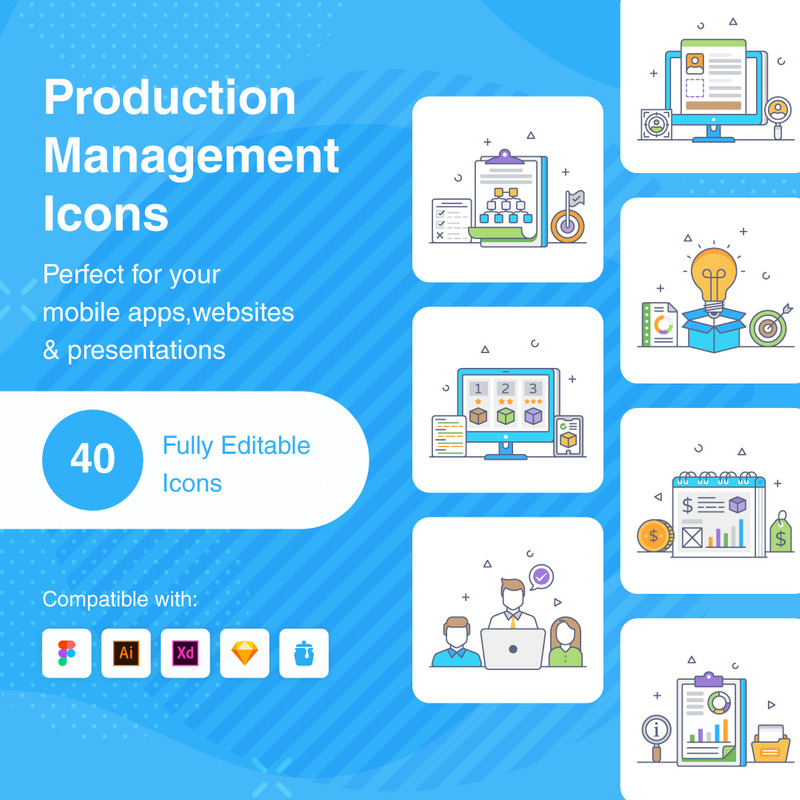 Platte overzichtspictogrammen voor productiebeheer - Features Image 1