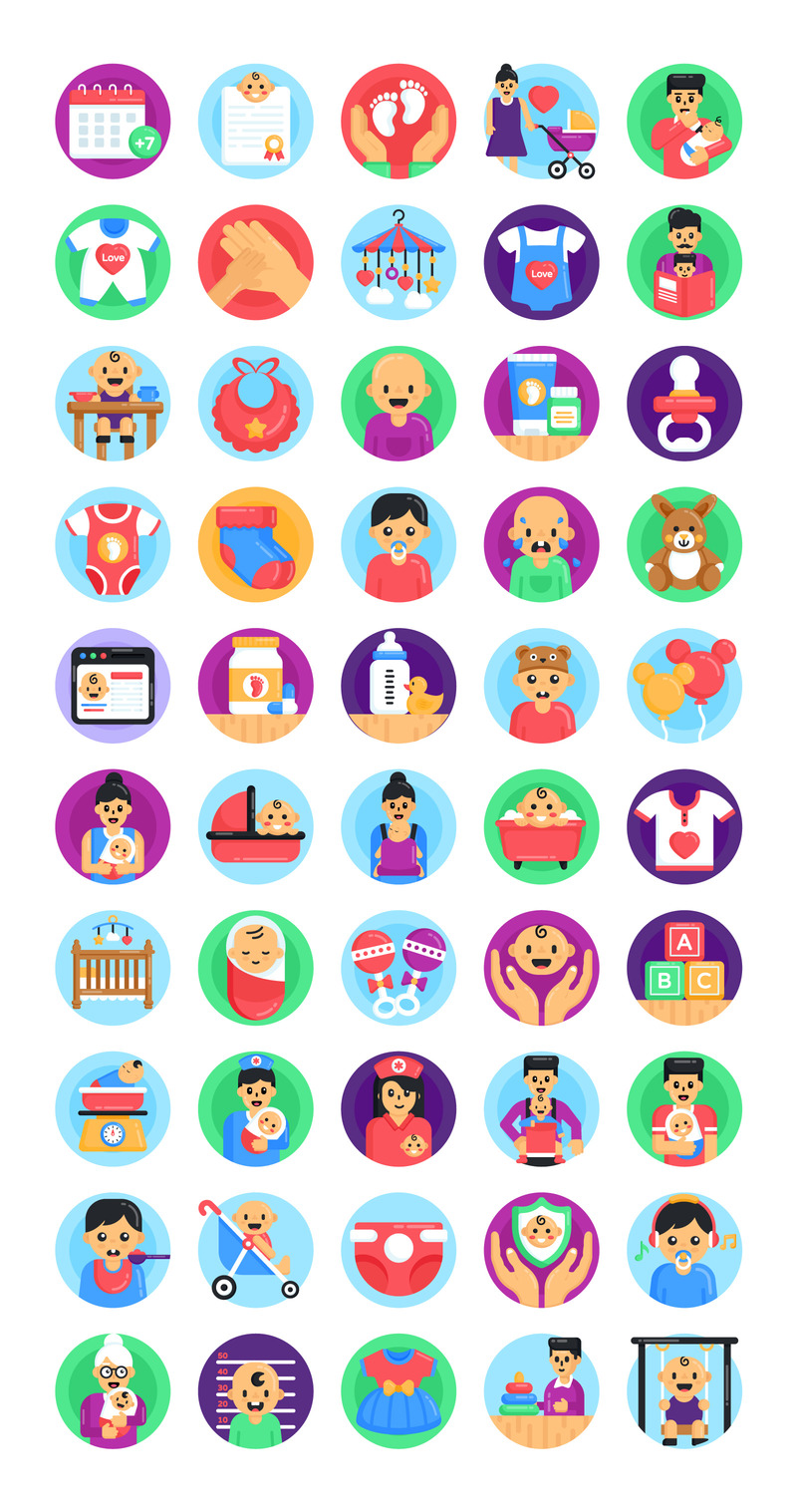 Иконки по уходу за ребенком - 50 круглых векторных иконок - Features Image 1