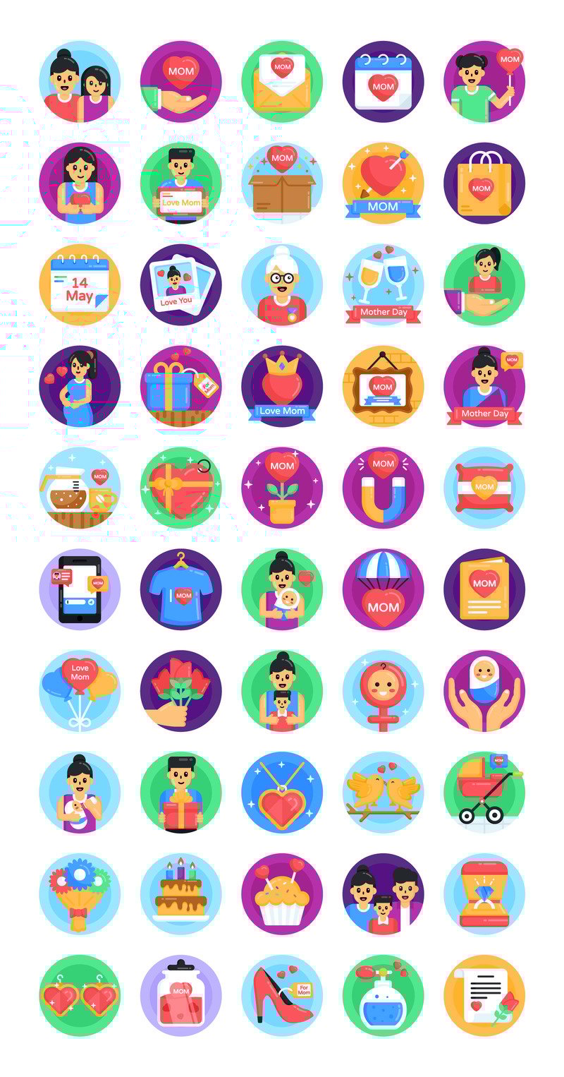 50 Flat Round Happy Mother's Day Icons - Features Image 1