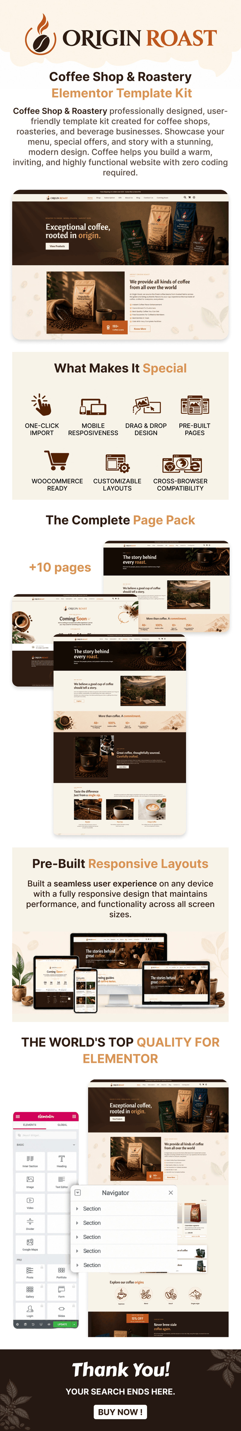Origin Roast - Kit de plantillas Elementor para cafetería y tostadora de café - Características Imagen 1