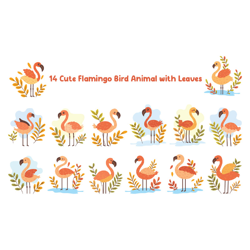 14 süßes Flamingo-Vogeltier mit Blättern - Eigenschaften Bild 1