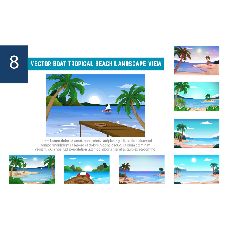 8 vektor båt Tropisk strand landskapsvy - Features Image 1