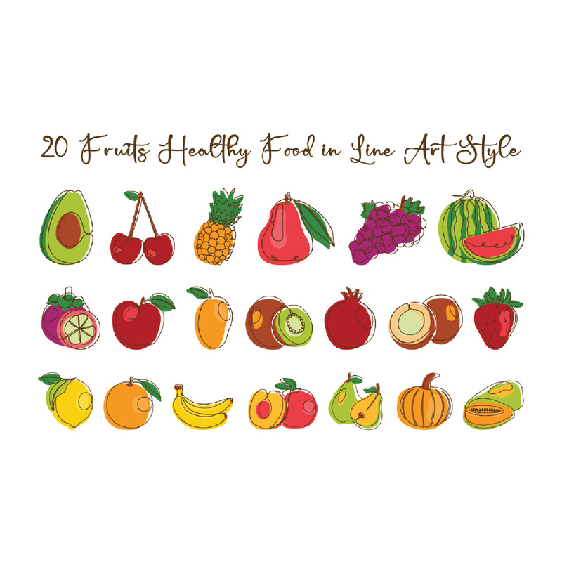 20 Fruit Gezond Voedsel in Lijnkunst Stijl - Features Image 1