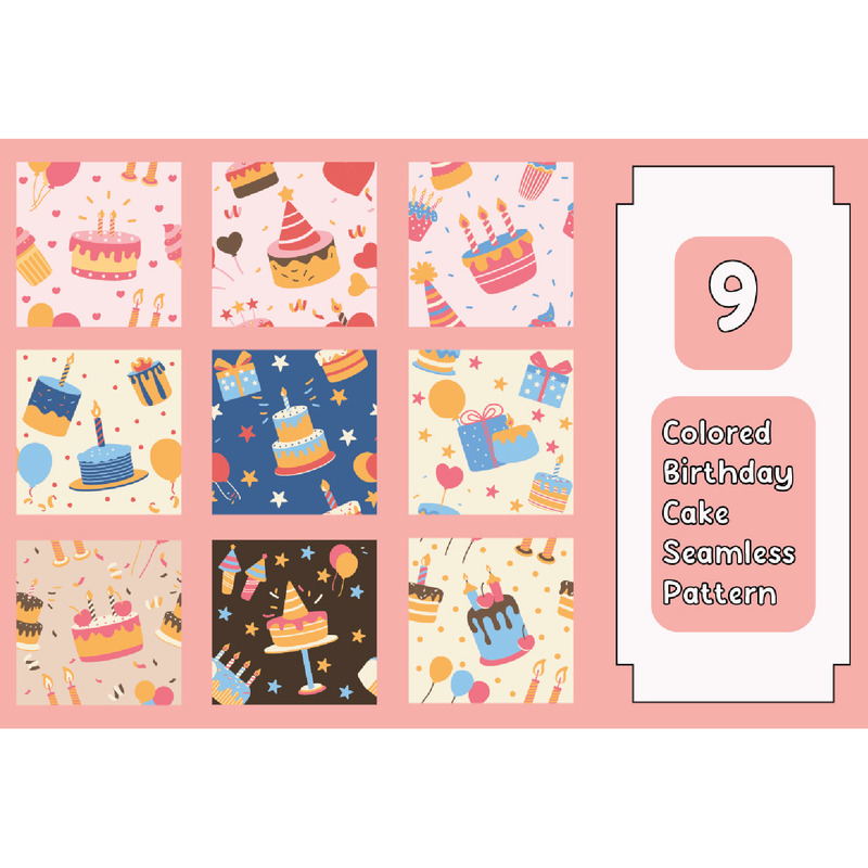 9 Decorazione senza cuciture del modello della torta di compleanno colorata carina - Caratteristiche Immagine 1
