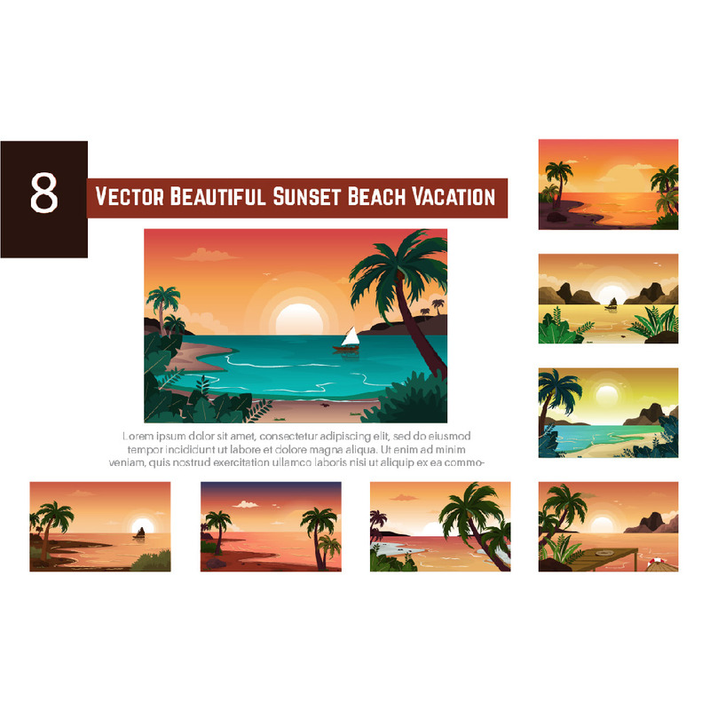 8 Vector Beautiful Sunset Beach Vacation - Caratteristiche Immagine 1