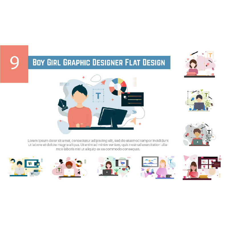 9 Boy Girl Graphic Designer Design piatto - Caratteristiche Immagine 1