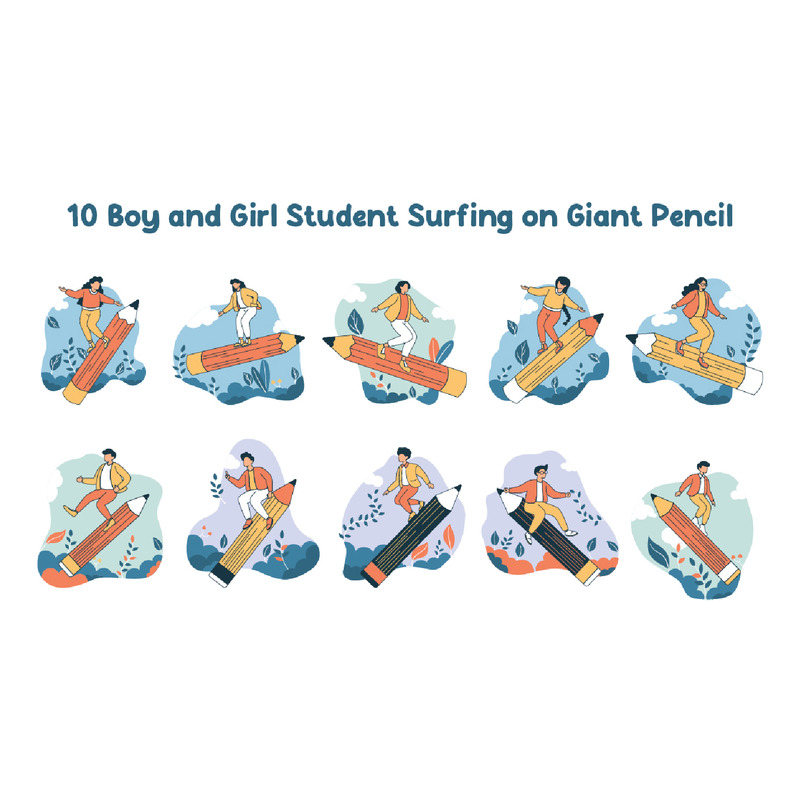 10 garoto e garota estudantes surfando em um lápis gigante - Features Image 1