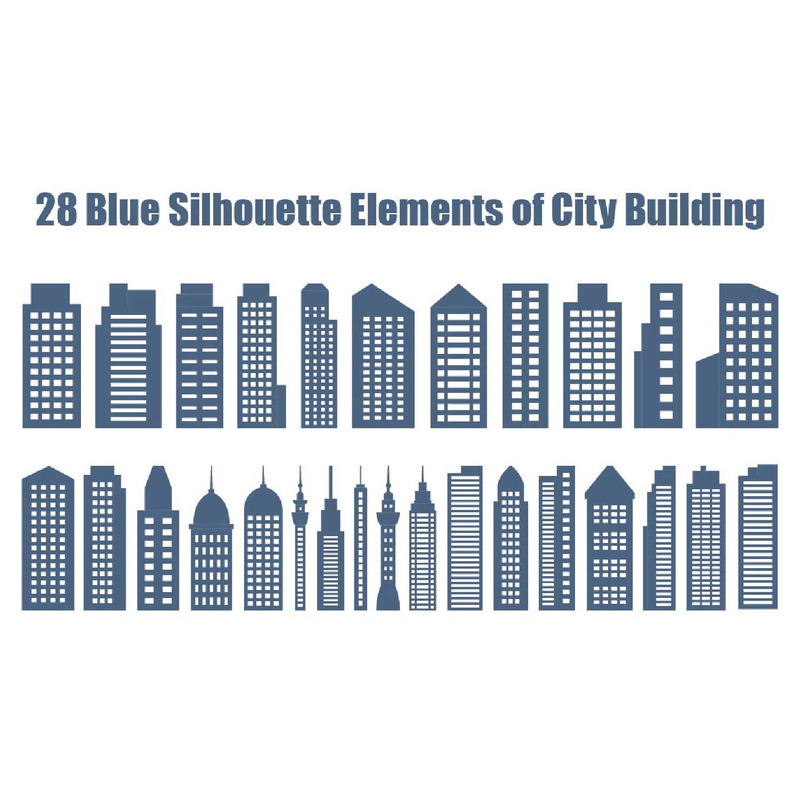 28 éléments de silhouette bleue de construction de ville - Caractéristiques de l’image 1