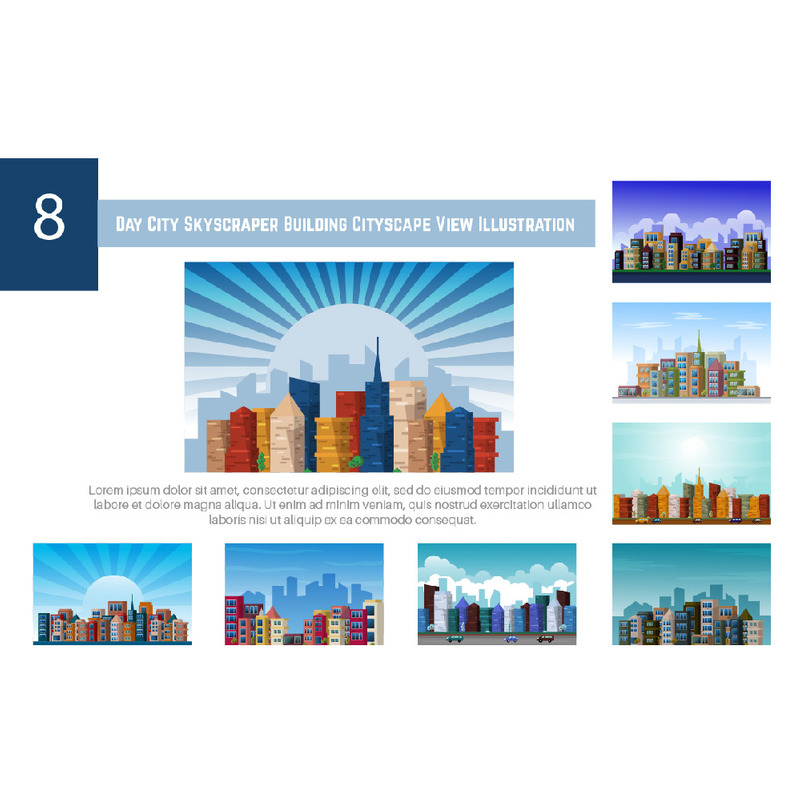 8 Tage Stadt Wolkenkratzer Gebäude Stadtbild Ansicht Illustration - Eigenschaften Bild 1