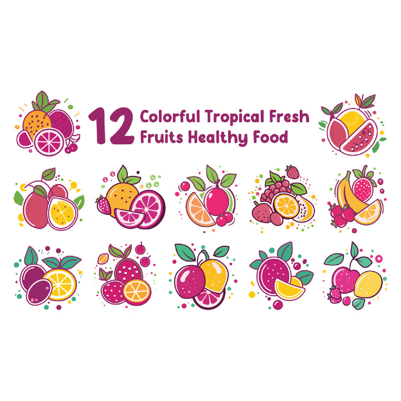 12 Kolorowych Tropikalnych Świeżych Owoców Zdrowa Żywność - Obraz funkcji 1