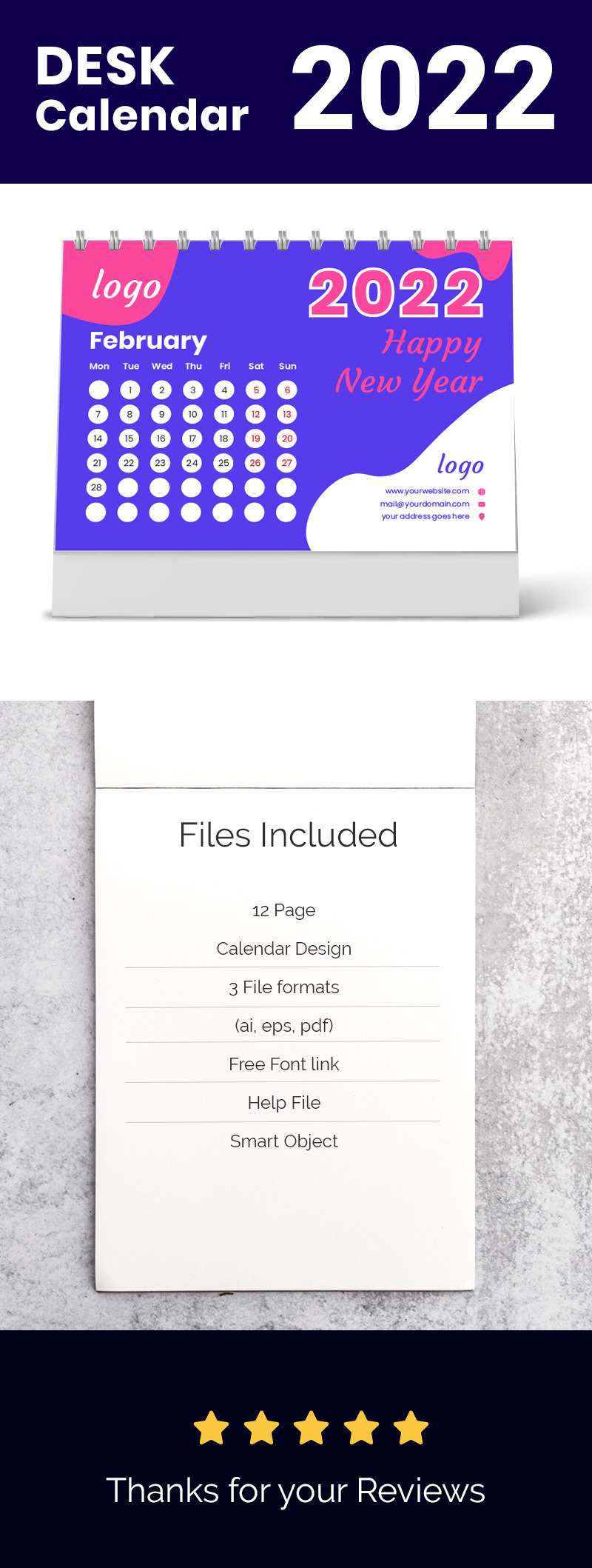 Calendario da tavolo viola 2022 Template Vector - Caratteristiche Immagine 1