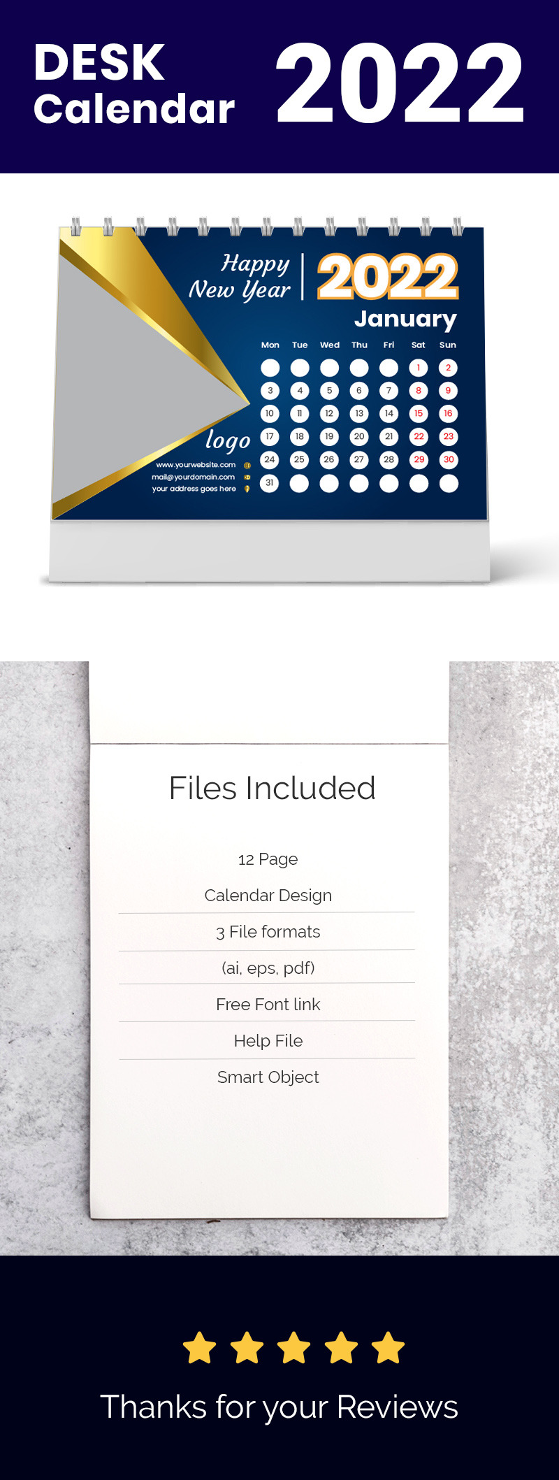 Calendario da tavolo poligonale blu dorato 2022 - Caratteristiche Immagine 1