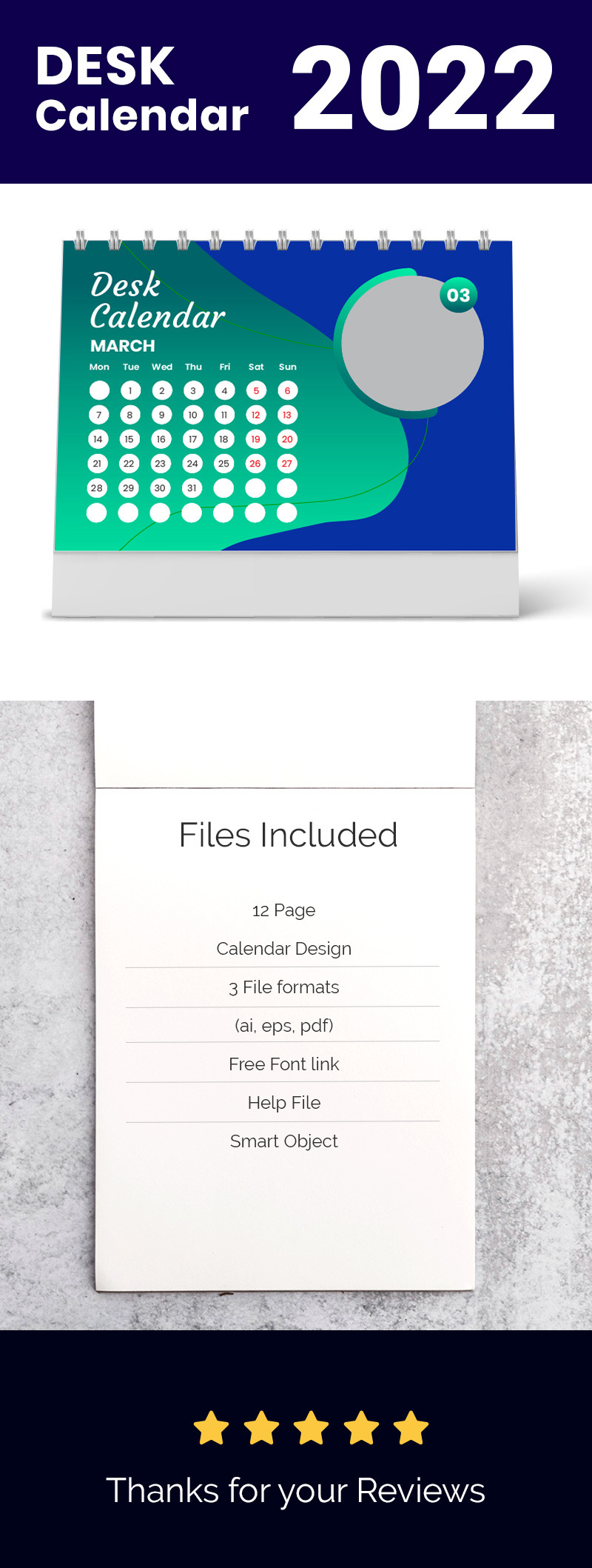 Calendario da tavolo colorato 2022 Vector Design - Caratteristiche Immagine 1