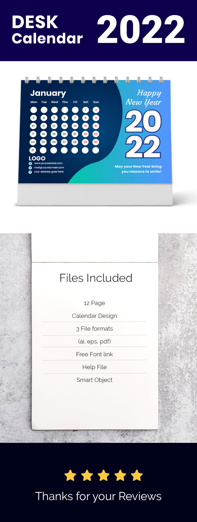 Dunkelblauer Tischkalender Design 2022 - Eigenschaften Bild 1