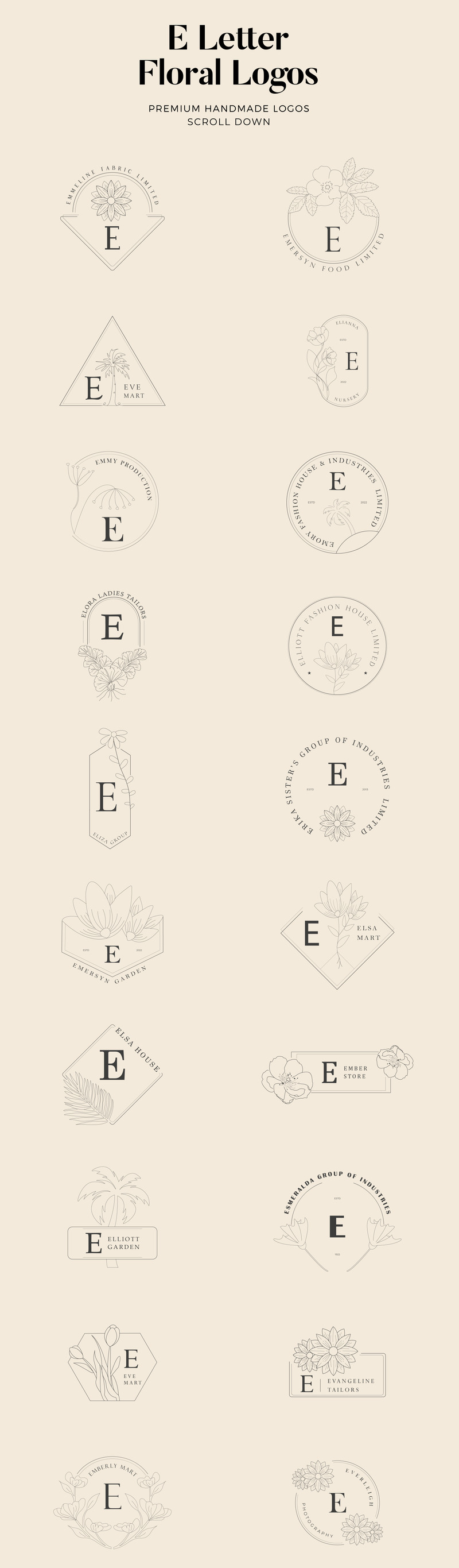 E 字母花卉手工徽标套件 - Features Image 1