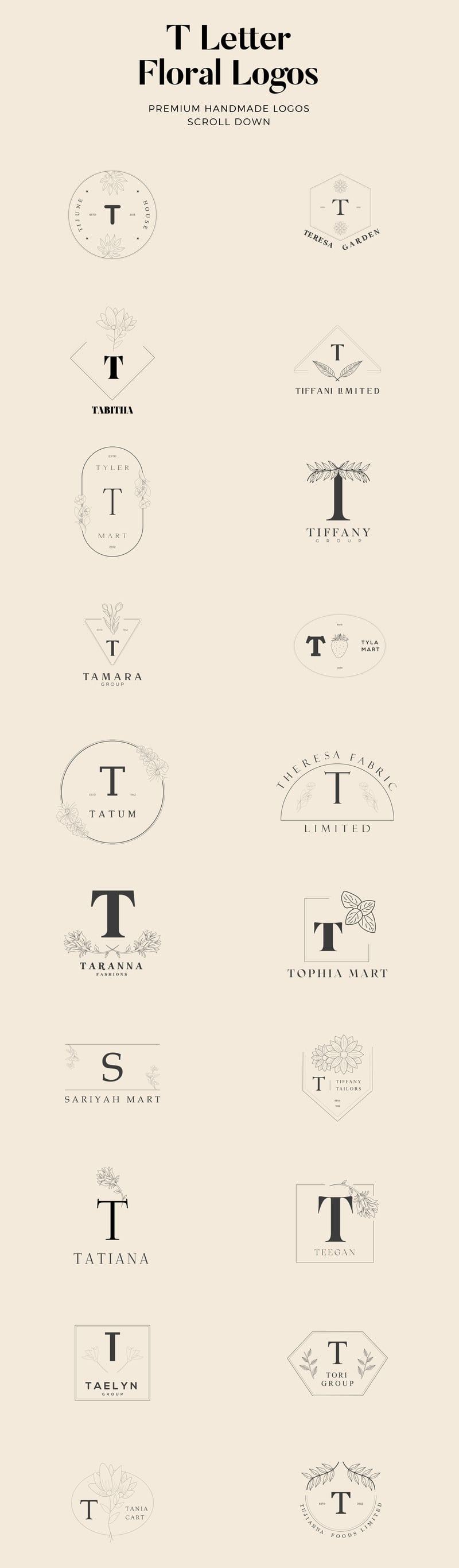 Kit de logos floraux faits à la main avec lettre T - Caractéristiques de l’image 1