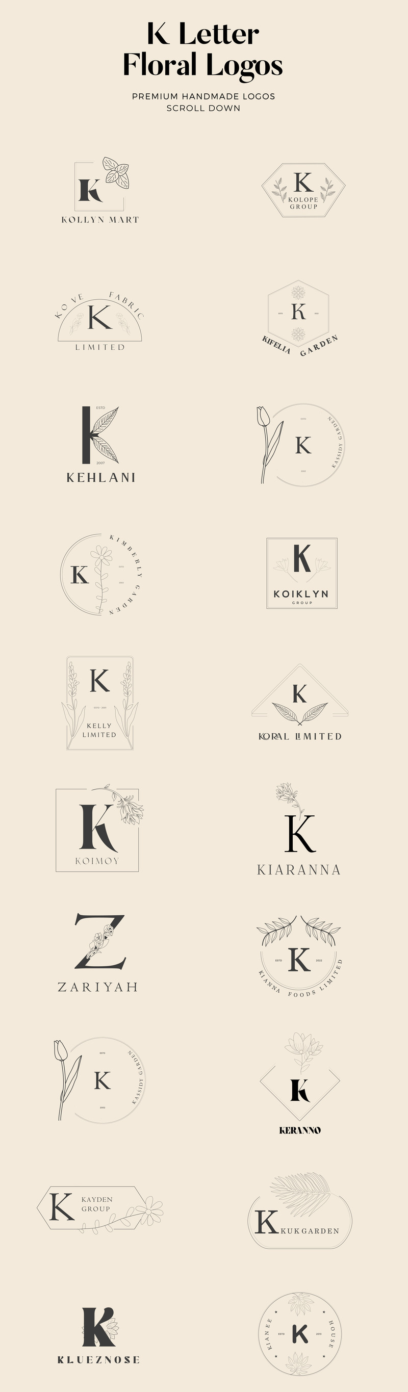 Kit de logotipos florais feitos à mão com letras K - Features Image 1