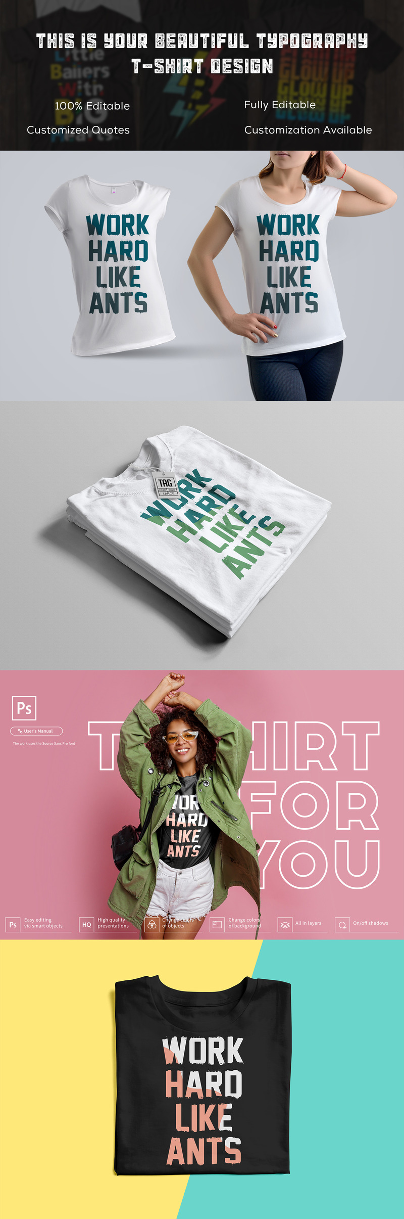 Travaillez dur comme des fourmis Conception de t-shirt de typographie de motivation - Caractéristiques de l’image 1