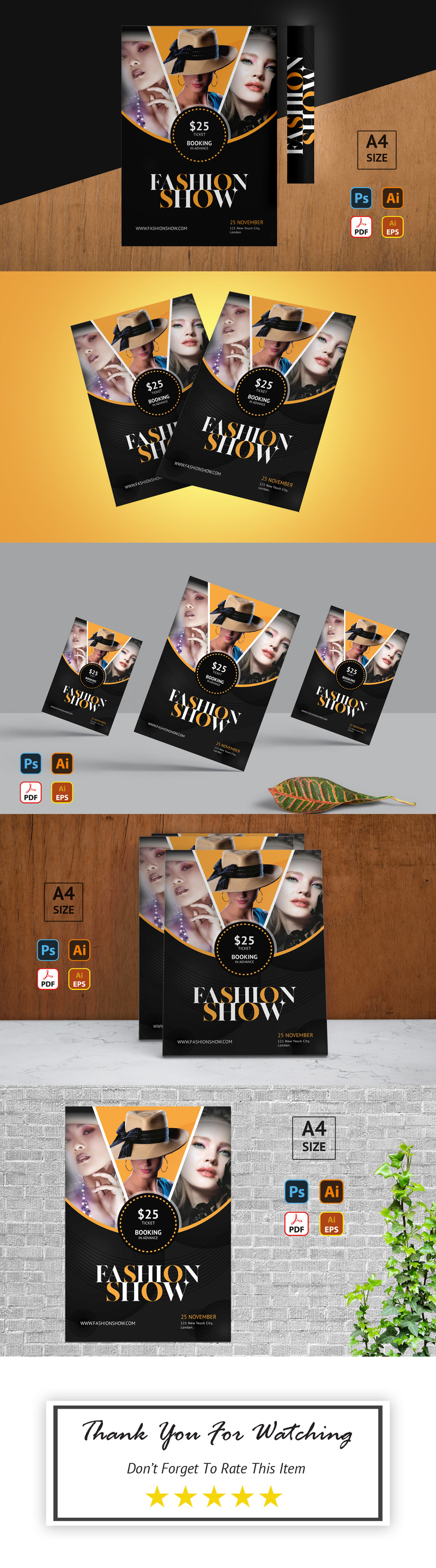 Black And Yellow Fashion Show Flyer Corporate Identity Template, image size:800x2875