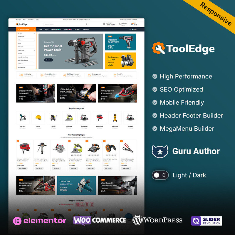 Tooledge – Hardware- und Werkzeugladen Elementor WooCommerce Responsive Theme - Eigenschaften Bild 1