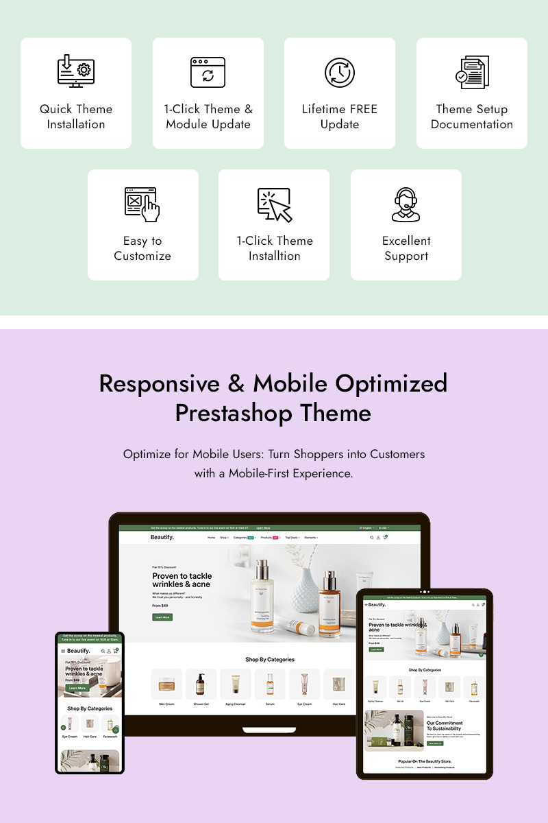 Beautify – Tema responsivo de PrestaShop para Elementor, especializado en belleza, moda y cosmética - Características Imagen 1