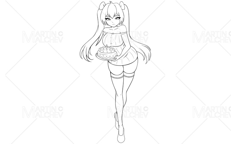 Anime flicka med födelsedagstårta Line Art vektorillustration - Features Image 1