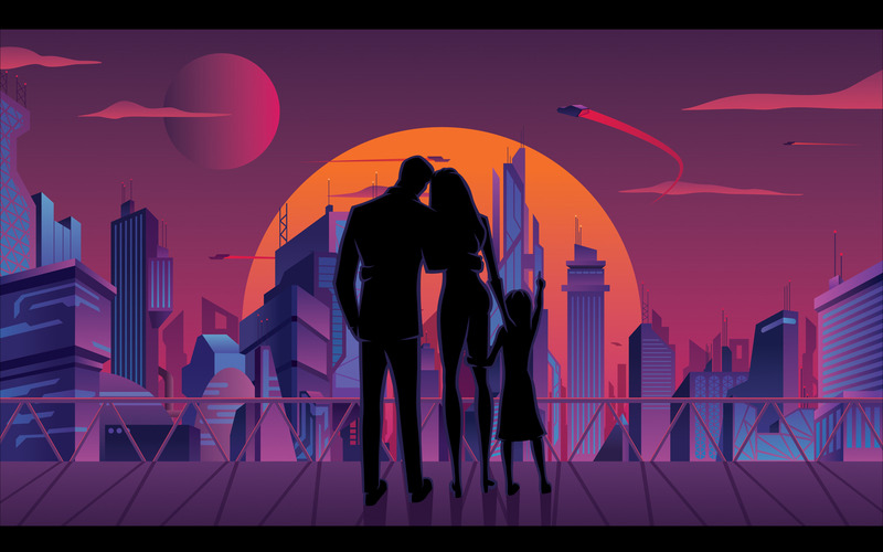 Familj i futuristisk stad vektor illustration - Features Image 1