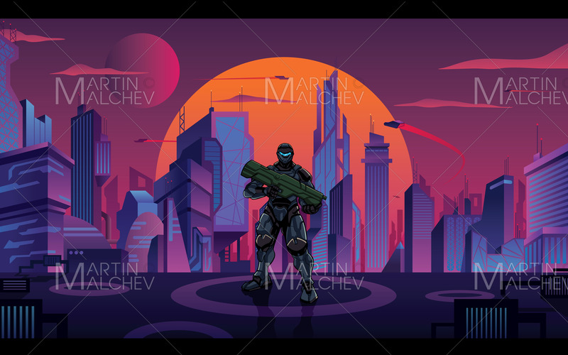 Futuristisk soldat i stadsvektorillustration. - Features Image 1