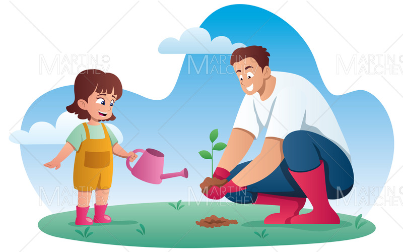 Far och dotter planterar träd vektor illustration - Features Image 1