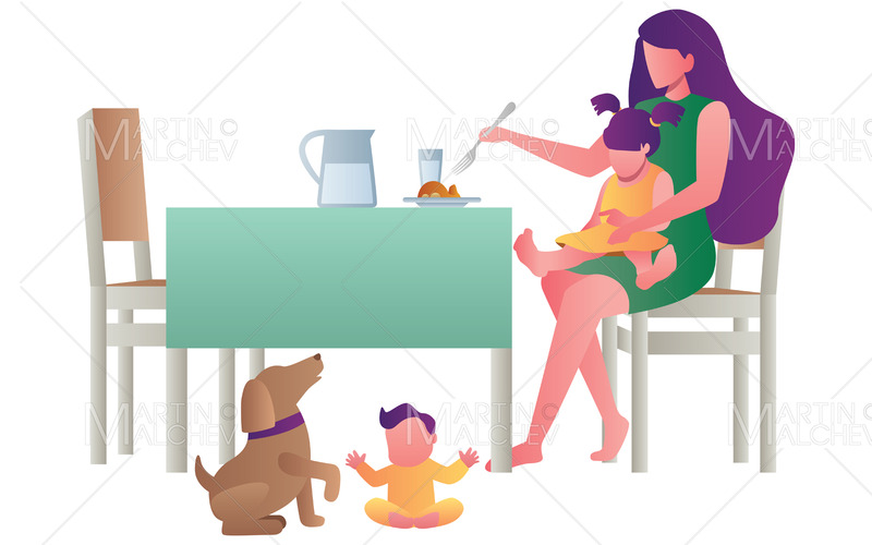 Single Mother Feeding Kids Vector Illustration - Features Image 1