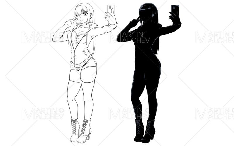 Anime Selfie Line Art e Silhouette Vector Illustration - Caratteristiche Immagine 1