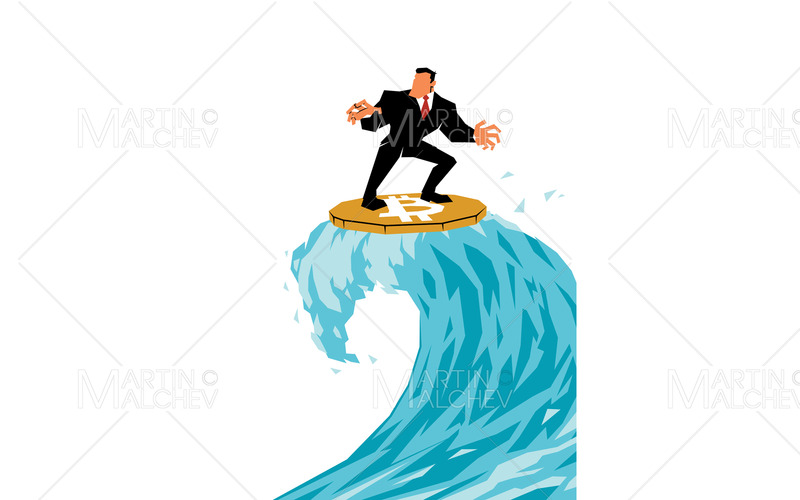 Affärsman som surfar på Bitcoin på vit vektorillustration - Features Image 1